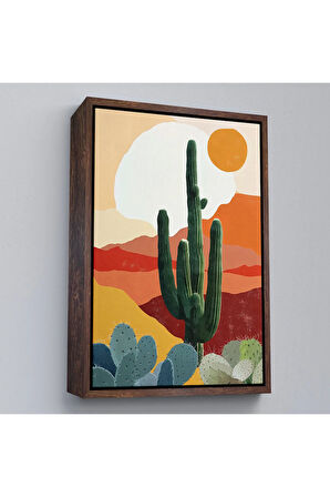 Ahşap Çerçeveli Çöldeki Soyut Kaktüs Tablo-7583