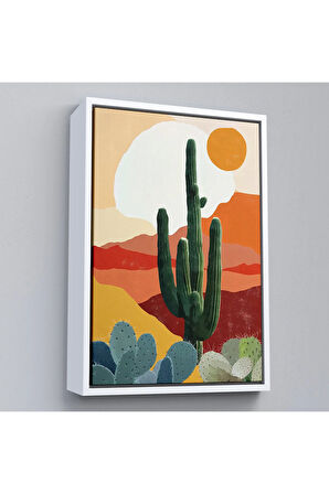 Ahşap Çerçeveli Çöldeki Soyut Kaktüs Tablo-7583