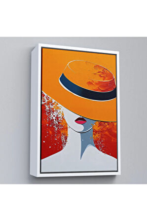 Ahşap Çerçeveli Turuncu Şapkalı Retro Kadın Tablo-7589