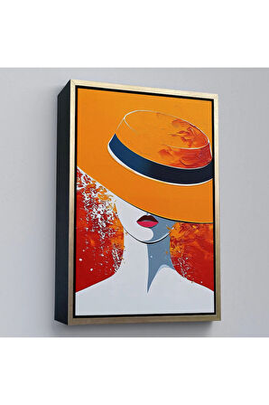 Ahşap Çerçeveli Turuncu Şapkalı Retro Kadın Tablo-7589