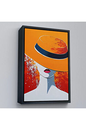 Ahşap Çerçeveli Turuncu Şapkalı Retro Kadın Tablo-7589