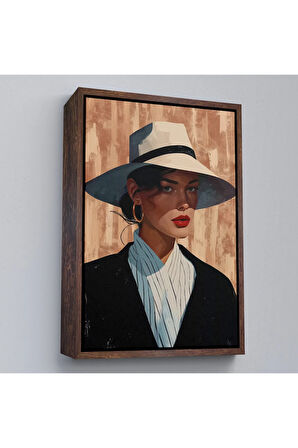 Ahşap Çerçeveli Keskin Bakışlı Güzel Kadın Tablo-7593