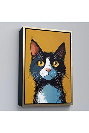 Ahşap Çerçeveli Soyut Renkli Kedi Tablo-7612