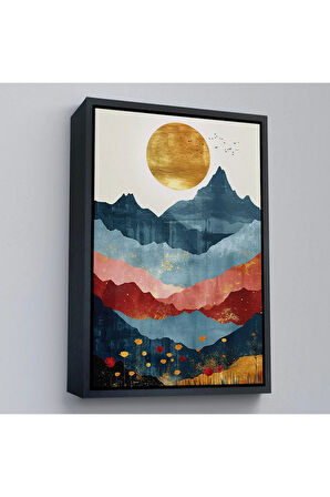 Ahşap Çerçeveli Dağların Üstündeki Güneş Manzarası Tablo-7613