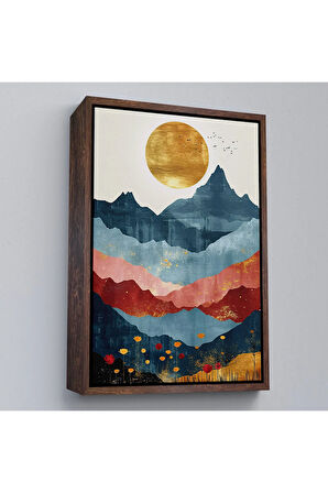 Ahşap Çerçeveli Dağların Üstündeki Güneş Manzarası Tablo-7613
