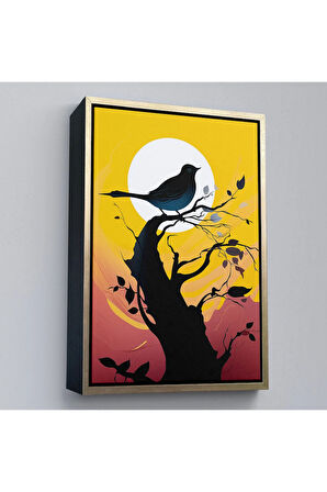 Ahşap Çerçeveli Ağaç Üstündeki Soyut Kuş Tablosu-7614