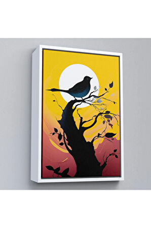 Ahşap Çerçeveli Ağaç Üstündeki Soyut Kuş Tablosu-7614