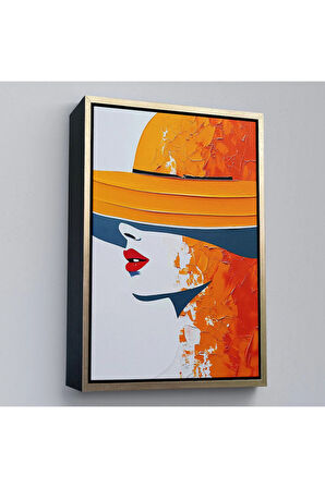 Ahşap Çerçeveli Turuncu Şapkalı Retro Kadın Tablo-7615