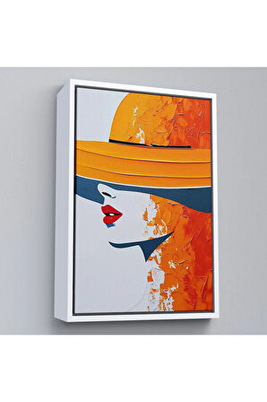 Ahşap Çerçeveli Turuncu Şapkalı Retro Kadın Tablo-7615