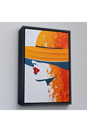 Ahşap Çerçeveli Turuncu Şapkalı Retro Kadın Tablo-7615