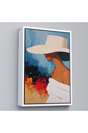 Ahşap Çerçeveli Beyaz Şapkalı Soyut Kadın Tablo-7621