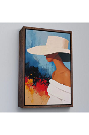 Ahşap Çerçeveli Beyaz Şapkalı Soyut Kadın Tablo-7621