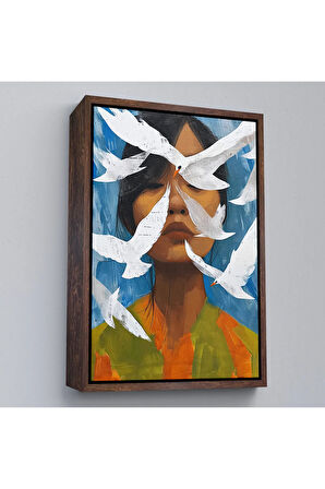 Ahşap Çerçeveli Beyaz Kuşlar Ve Asyalı Kadın Tablo-7630