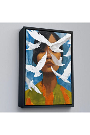 Ahşap Çerçeveli Beyaz Kuşlar Ve Asyalı Kadın Tablo-7630