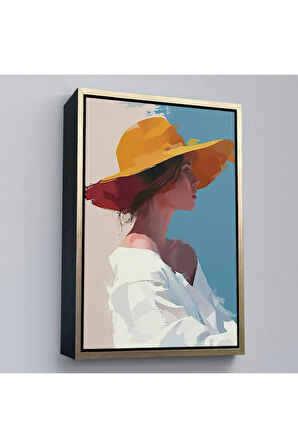Ahşap Çerçeveli Sarı Şapkalı Soyut Kadın Tablo-7631