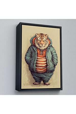 Ahşap Çerçeveli Kaplan Kafalı Şişman İnsan Tablo-7636