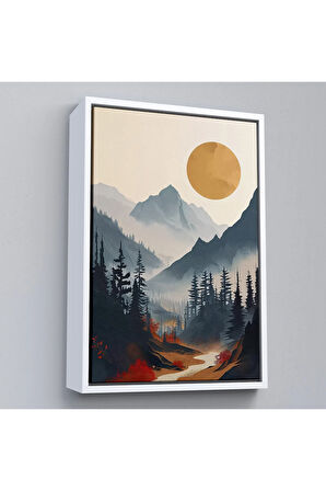 Ahşap Çerçeveli Dağların Üstündeki Güneş Manzarası Tablo-7637