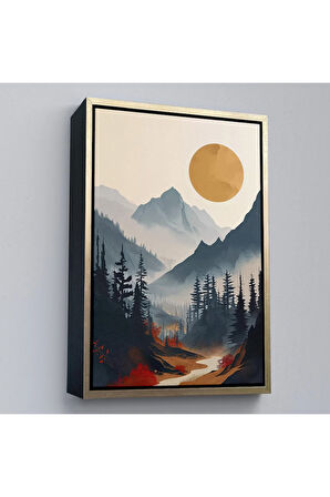 Ahşap Çerçeveli Dağların Üstündeki Güneş Manzarası Tablo-7637