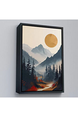 Ahşap Çerçeveli Dağların Üstündeki Güneş Manzarası Tablo-7637