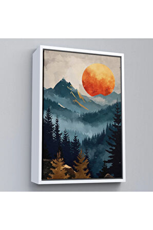 Ahşap Çerçeveli Dağların Üstündeki Güneş Manzarası Tablo-7645