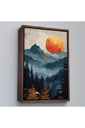 Ahşap Çerçeveli Dağların Üstündeki Güneş Manzarası Tablo-7645