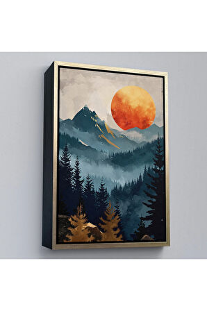Ahşap Çerçeveli Dağların Üstündeki Güneş Manzarası Tablo-7645