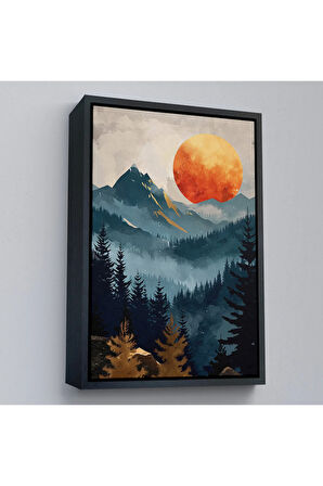 Ahşap Çerçeveli Dağların Üstündeki Güneş Manzarası Tablo-7645