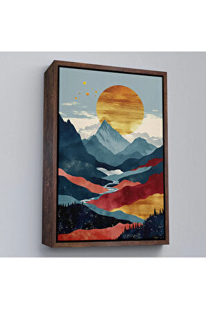 Ahşap Çerçeveli Dağların Üstündeki Güneş Manzarası Tablo-7649