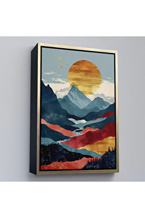 Ahşap Çerçeveli Dağların Üstündeki Güneş Manzarası Tablo-7649