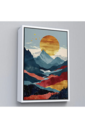 Ahşap Çerçeveli Dağların Üstündeki Güneş Manzarası Tablo-7649