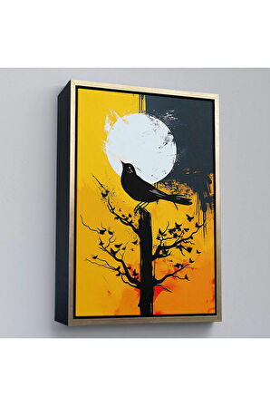 Ahşap Çerçeveli Ağaç Üstündeki Soyut Kuş Tablosu-7660