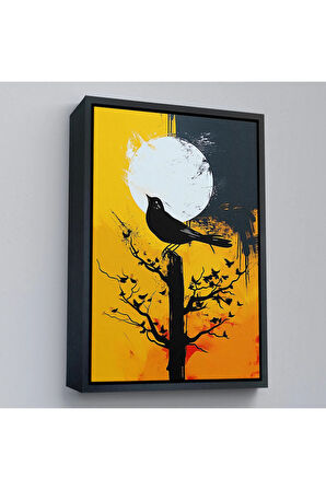 Ahşap Çerçeveli Ağaç Üstündeki Soyut Kuş Tablosu-7660
