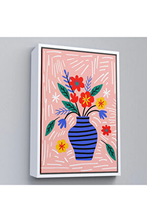 Ahşap Çerçeveli Minimalist Çiçek Mavi Vazoda Renkli Buket Tablosu-7662