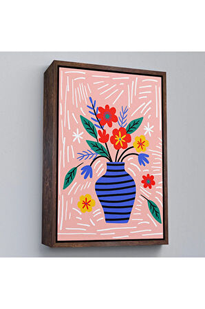 Ahşap Çerçeveli Minimalist Çiçek Mavi Vazoda Renkli Buket Tablosu-7662