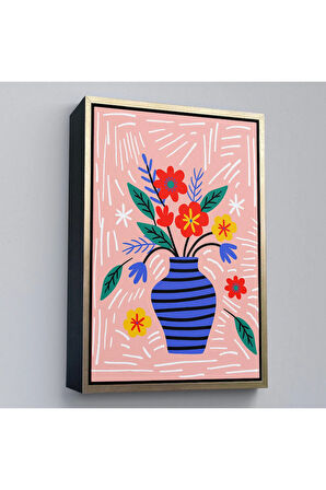 Ahşap Çerçeveli Minimalist Çiçek Mavi Vazoda Renkli Buket Tablosu-7662