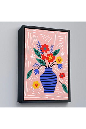 Ahşap Çerçeveli Minimalist Çiçek Mavi Vazoda Renkli Buket Tablosu-7662
