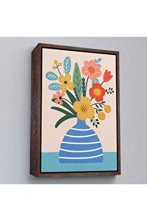 Ahşap Çerçeveli Minimalist Çiçek Mavi Vazoda Renkli Buket Tablosu-7664