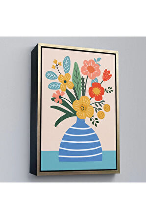 Ahşap Çerçeveli Minimalist Çiçek Mavi Vazoda Renkli Buket Tablosu-7664