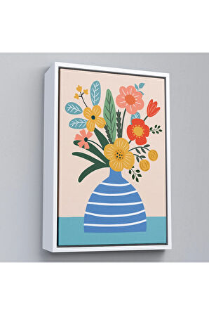 Ahşap Çerçeveli Minimalist Çiçek Mavi Vazoda Renkli Buket Tablosu-7664