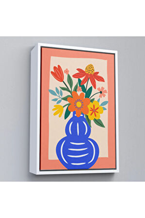 Ahşap Çerçeveli Minimalist Çiçek Mavi Vazoda Renkli Buket Tablosu-7666