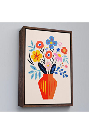 Ahşap Çerçeveli Minimalist Çiçek Mavi Vazoda Renkli Buket Tablosu-7668