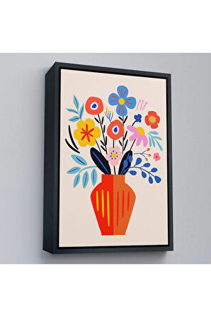 Ahşap Çerçeveli Minimalist Çiçek Mavi Vazoda Renkli Buket Tablosu-7668