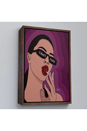 Ahşap Çerçeveli I Don'T Care - Umrumda Değil Yazan Pop Art Kadın Tablo-7681