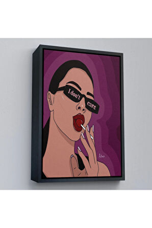 Ahşap Çerçeveli I Don'T Care - Umrumda Değil Yazan Pop Art Kadın Tablo-7681
