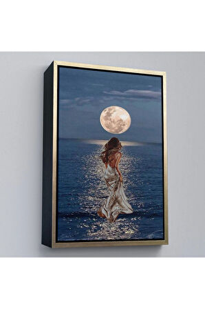 Ahşap Çerçeveli Deniz Üstünde Aya Doğru Yürüyen Soyut Kadın Tablo-7684
