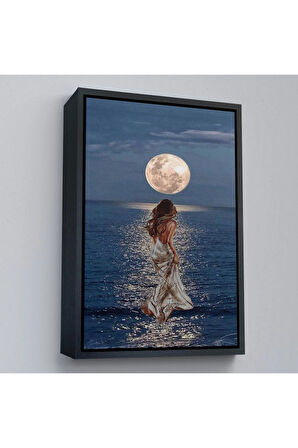 Ahşap Çerçeveli Deniz Üstünde Aya Doğru Yürüyen Soyut Kadın Tablo-7684