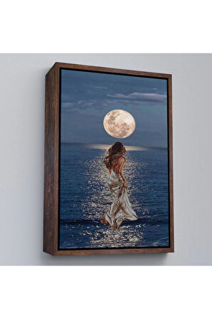 Ahşap Çerçeveli Deniz Üstünde Aya Doğru Yürüyen Soyut Kadın Tablo-7684
