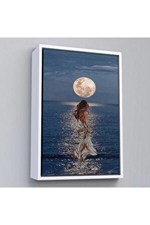 Ahşap Çerçeveli Deniz Üstünde Aya Doğru Yürüyen Soyut Kadın Tablo-7684