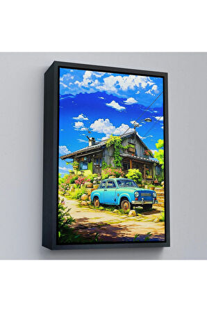 Ahşap Çerçeveli Şirin Ev Önündeki Mavi Araba Tablosu-7688