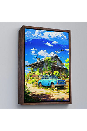Ahşap Çerçeveli Şirin Ev Önündeki Mavi Araba Tablosu-7688